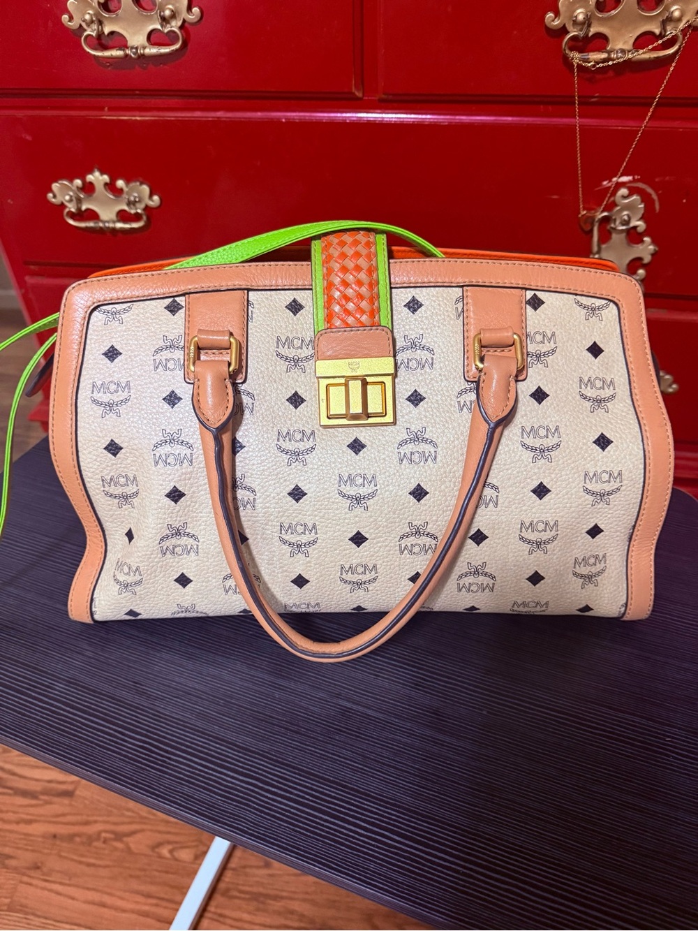 MCM Beige Monogram Veronika Visettos Tote with Orange and green detail